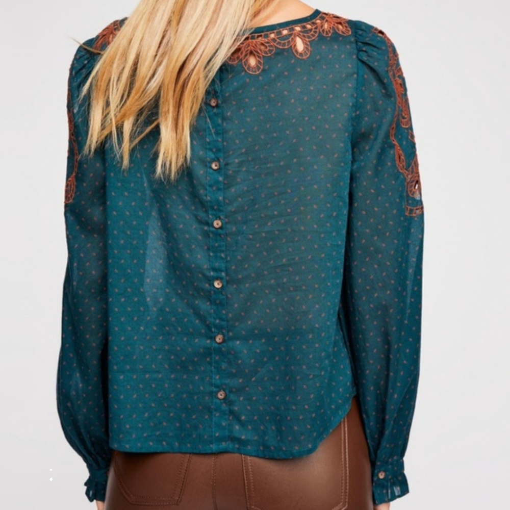 Free People Everything I Know Embroidered Cuteork Teal Peasant Top Women's XS - Picture 3 of 11